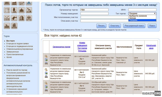Диалоговое окно официального сайта Российской Федерации для размещения информации о проведении торгов