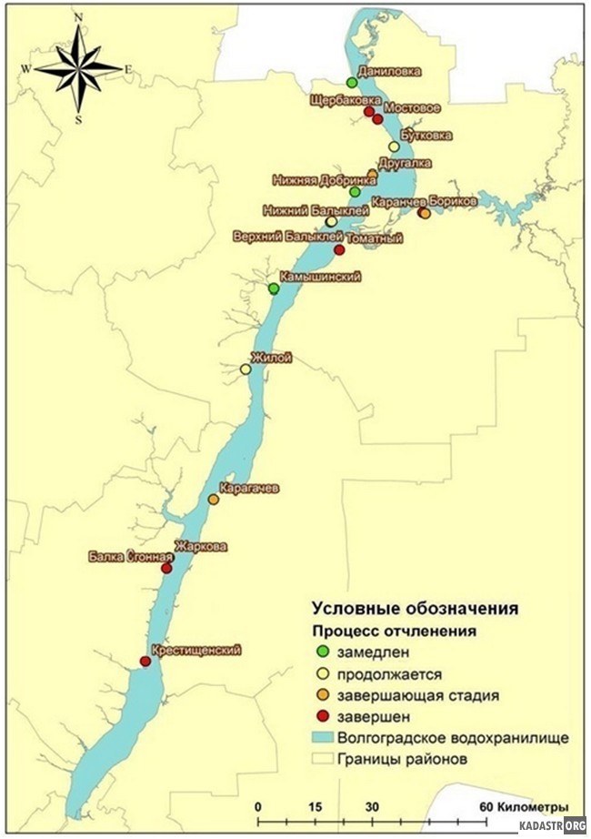 Степень отчленённости заливов от акватории Волгоградского  водохранилища
