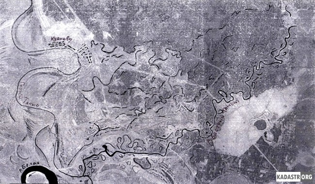 Схема миграции русла реки Быстрый Танып. Фрагмент космического снимка 2012 г. М 1:100000